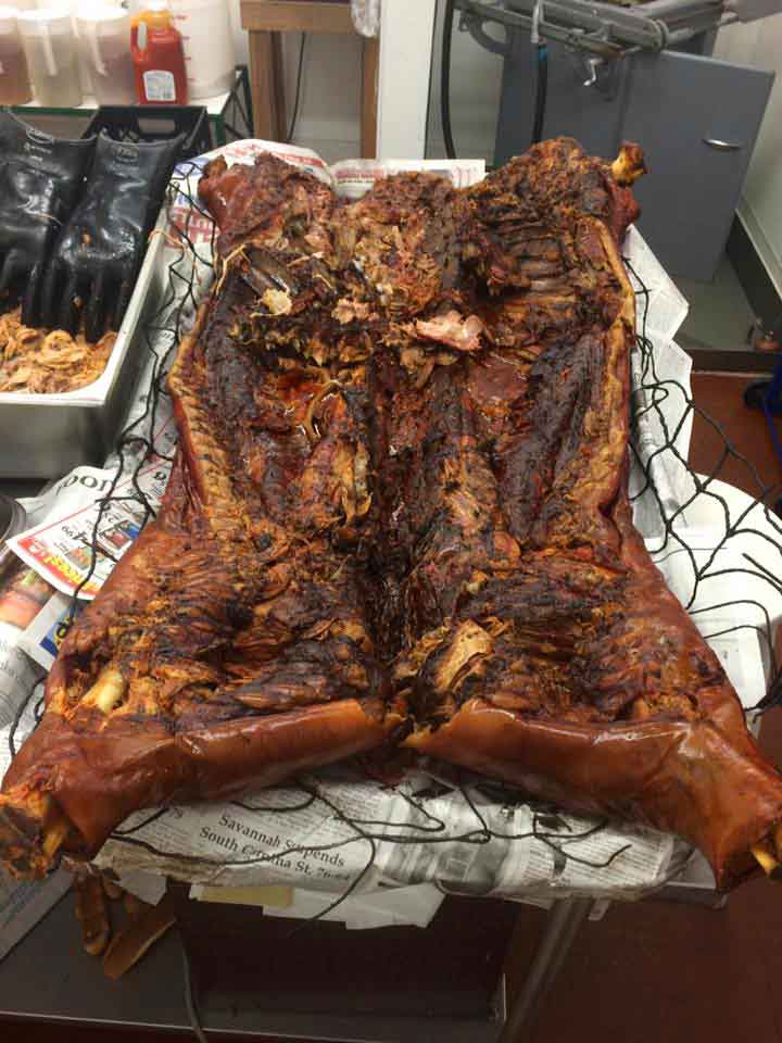 Whole hog coming off the pit at Cooper's Country Store in Salters, South Carolina