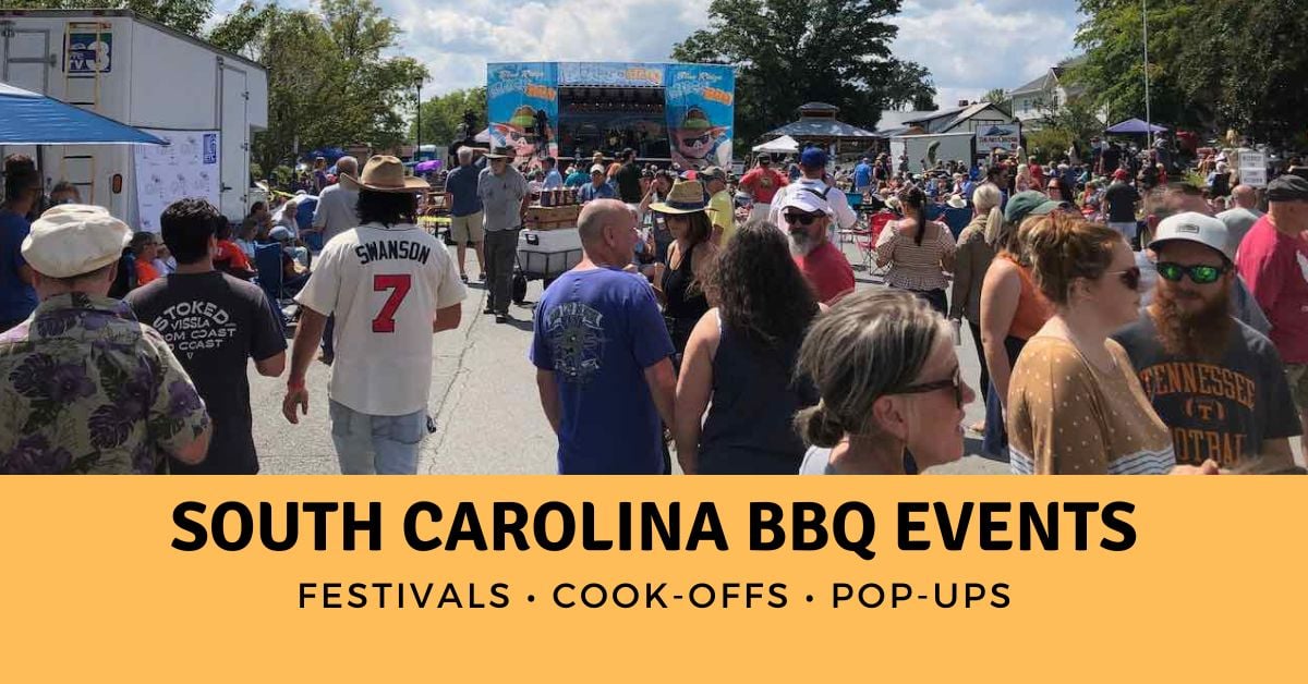 Crowd at a South Carolina barbecue festival with a live music stage.