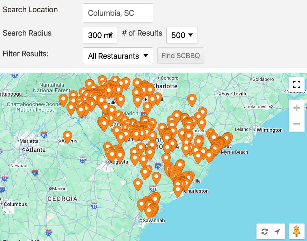 Destination BBQ interactive South Carolina barbecue map locator showing restaurant pins across the state